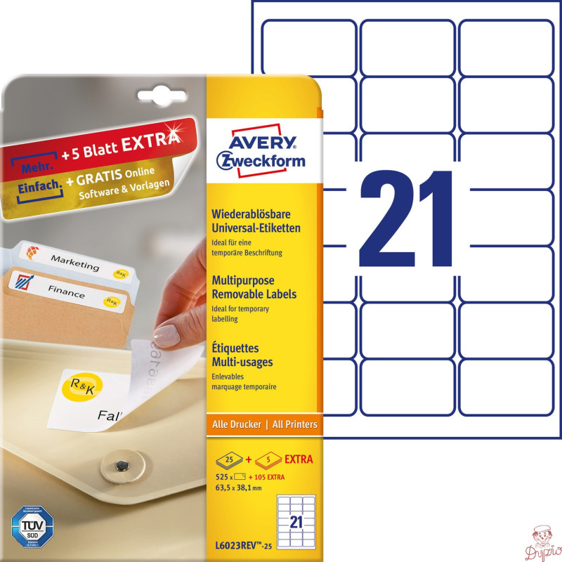 Etykieta biała 63,5x38,1mm (25arkuszy || 630 etykiet) usuwalna L6023REV-25 AVERY ZWECKFORM
