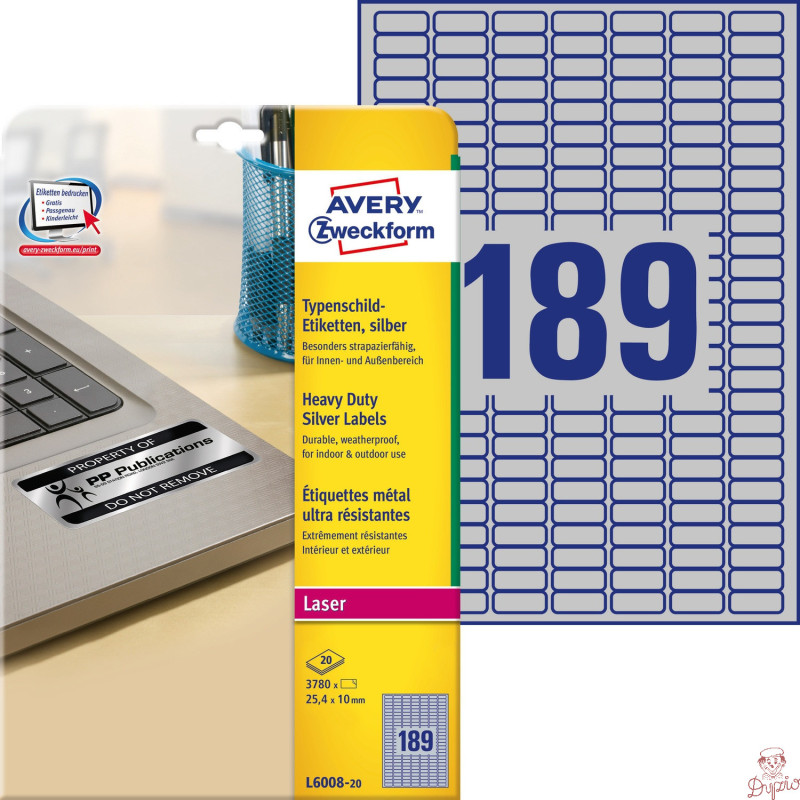 Etykiety Heavy Duty 25.4x10mm srebrne poliestrowe L6008-20szt AVERY ZWECKFORM