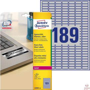 Etykiety Heavy Duty 25.4x10mm srebrne poliestrowe L6008-20szt AVERY ZWECKFORM