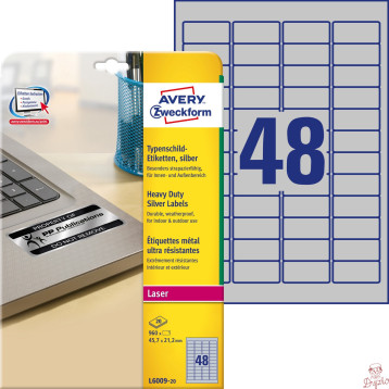 Etykiety Heavy Duty (20ark) 45.7x21.2mm srebrne poliestrowe L6009-20 AVERY ZWECKFORM