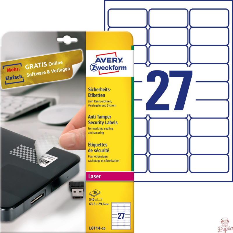Etykiety plomby (20 arkuszy) 63,5 29,6mm L6114-20 AVERY ZWECKFORM