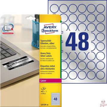 Etykiety znamionowe srebrne średnica Q 30mm L6129-20szt AVERY ZWECKFORM