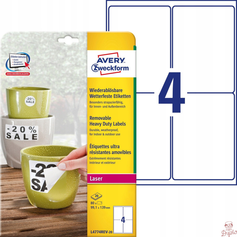 Etykiety Heavy Duty A4 99.1x139mm białe poliestrowe L4774REV-20 AVERY ZWECKFORM