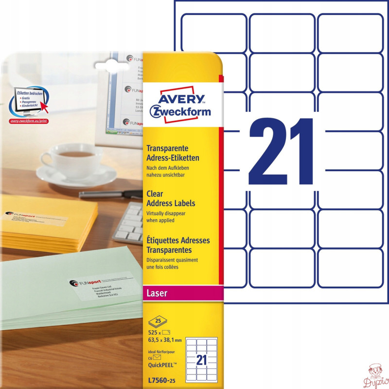 Etykiety A4 przezroczyste (25 arkuszy) 63.5x38mm L7560-25 AVERY ZWECKFORM