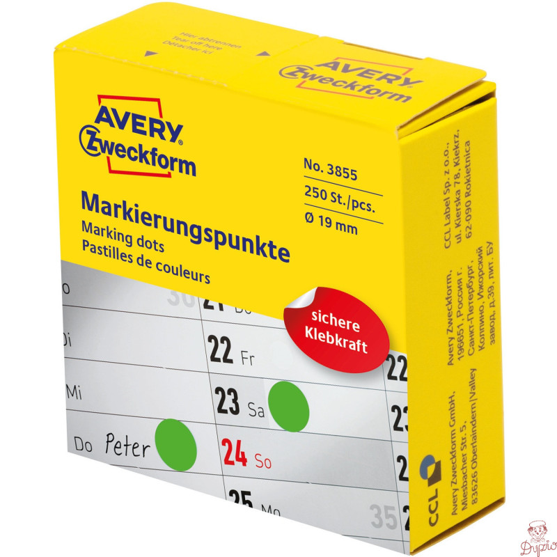 Kółka w dyspenserze trwałe 250szt. 19mm zielone 3855 AVERY ZWECKFORM