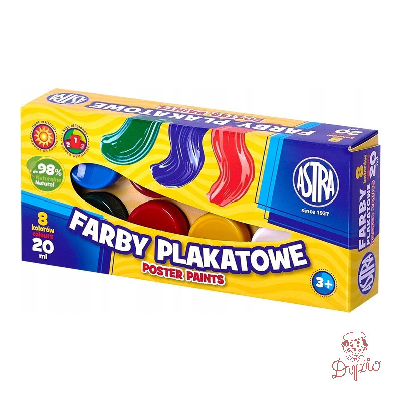 Farby plakatowe szkolne 8 kolorów 20ml zestaw 83112903 ASTRA