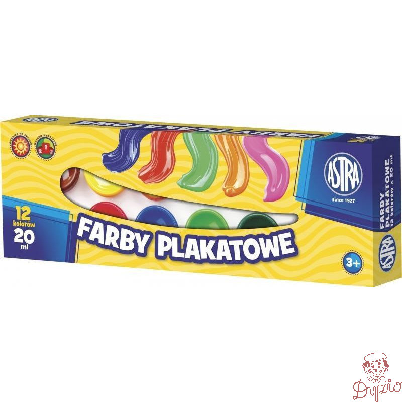 Farby plakatowe zestaw 12 kolorów 20ml szkolne 83114901 ASTRA