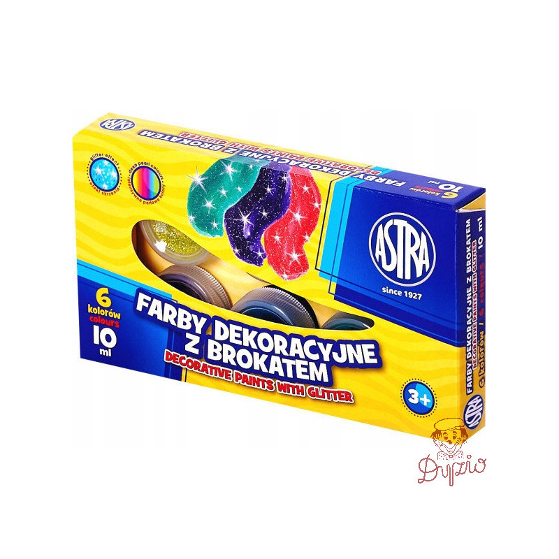 Farby szkolne dekoracyjne z brokatem 6 kolorów 10ml brokatowe 301116001 ASTRA