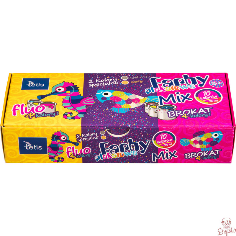 Farby plakatowe mix fluo/brokat 10ml. 10 kolorów KF004-C TETIS
