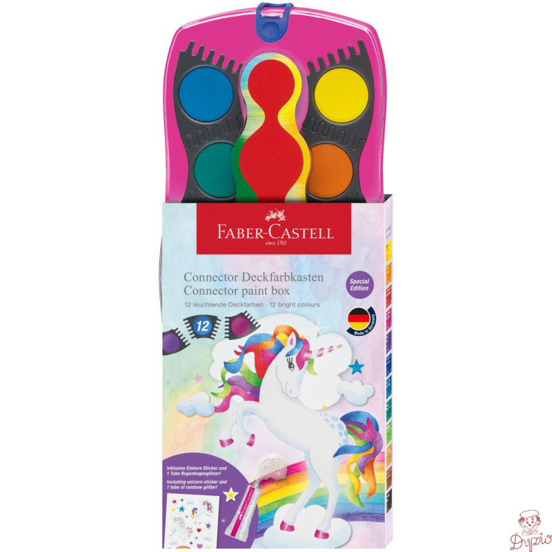 Farby szkolne akwarelowe 12 kolorów + brokat + naklejki, różowa kasetka 125002 FABER-CASTELL