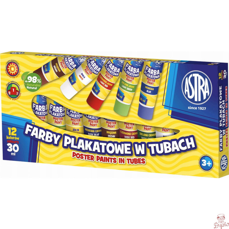 Farby plakatowe w tubkach szkolne 12 kolorów 30ml 83110901 ASTRA