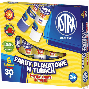 Farby plakatowe w tubkach szkolne 6 kolorów 30ml zestaw 83119900 ASTRA