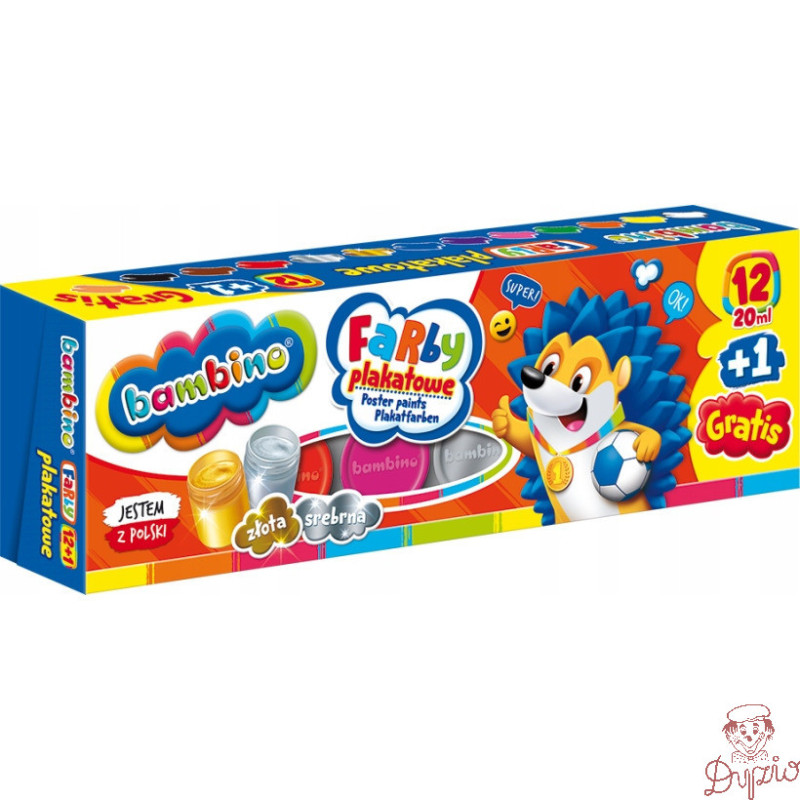 Farby plakatowe dla dzieci Zestaw 12 kolorów x 20ml + 1 farba cielista gratis BAMBINO
