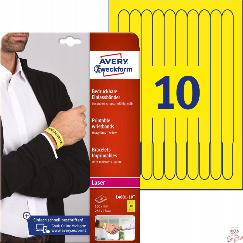 Opaski identyfikacyjne na nadgarstek 265x18mm A4 (10) L4001-10 żółte do nadruku AVERY ZWECKFORM