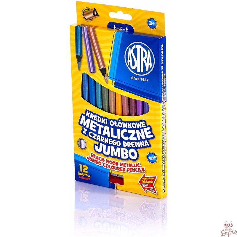 Kredki ołówkowe metaliczne JUMBO zestaw 12 kolorów + temperówka 312114003 ASTRA