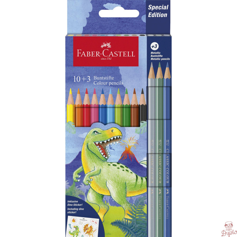 Kredki sześciokątne 10 kolorów + 3kolory metaliczne edycja DINOZAURY 111213 Faber-Castell