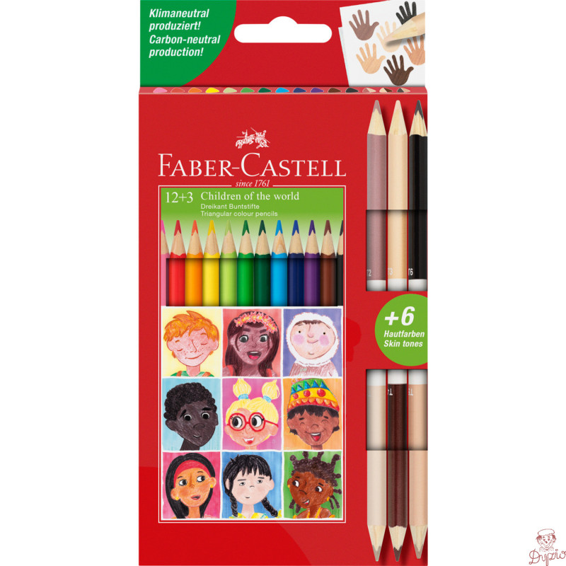 Kredki ołówkowe trójkątne 12 kolorów +3 kredki dwustronne odcienie skóry 511514 Faber- Castell