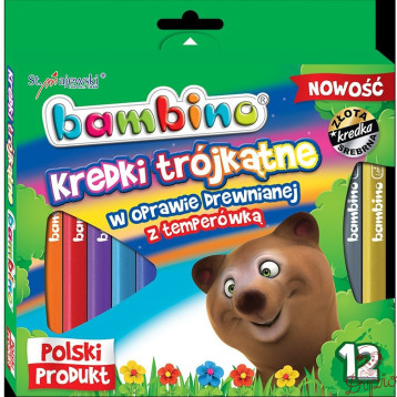 Kredki trójkątne z glinki kaolinowej Zestaw 12 kredek + temperówka BAMBINO St.Majewski