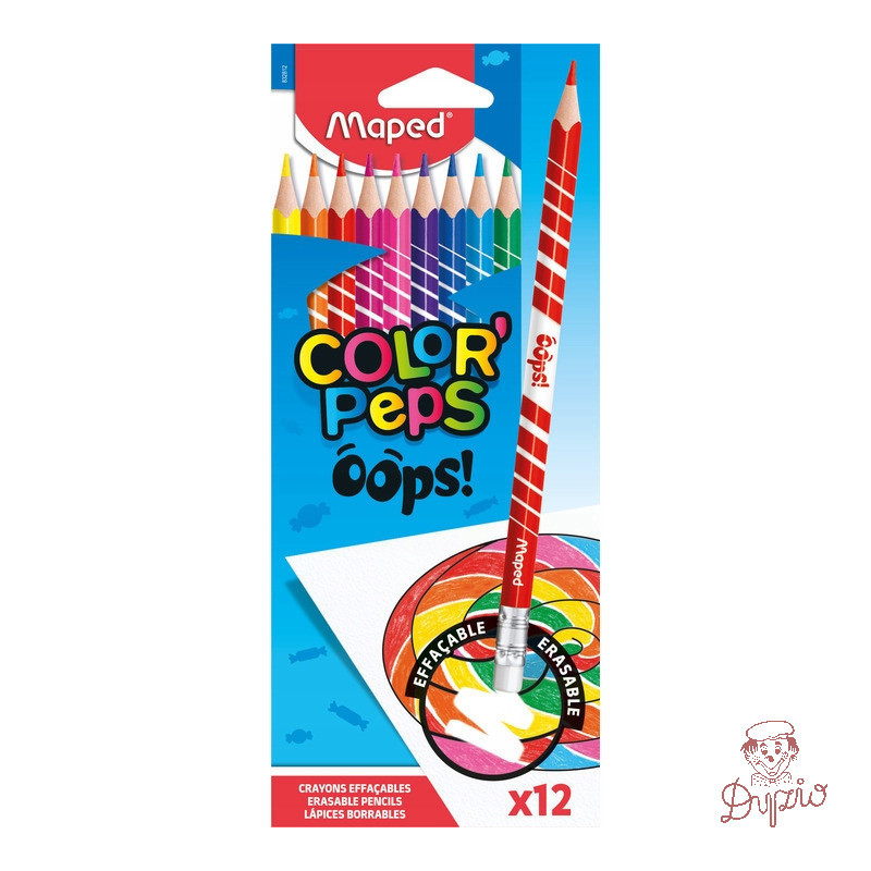 Kredki trójkątne ścieralne z gumką 12 kolorów OOPS 832812 COLORPEPS MAPED