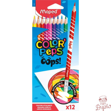 Kredki trójkątne ścieralne z gumką 12 kolorów OOPS 832812 COLORPEPS MAPED
