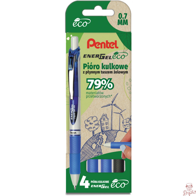 Pióro kulkowe ENERGEL 3x niebieski, 1x czarny komplet 4sztuk BL77E PENTEL