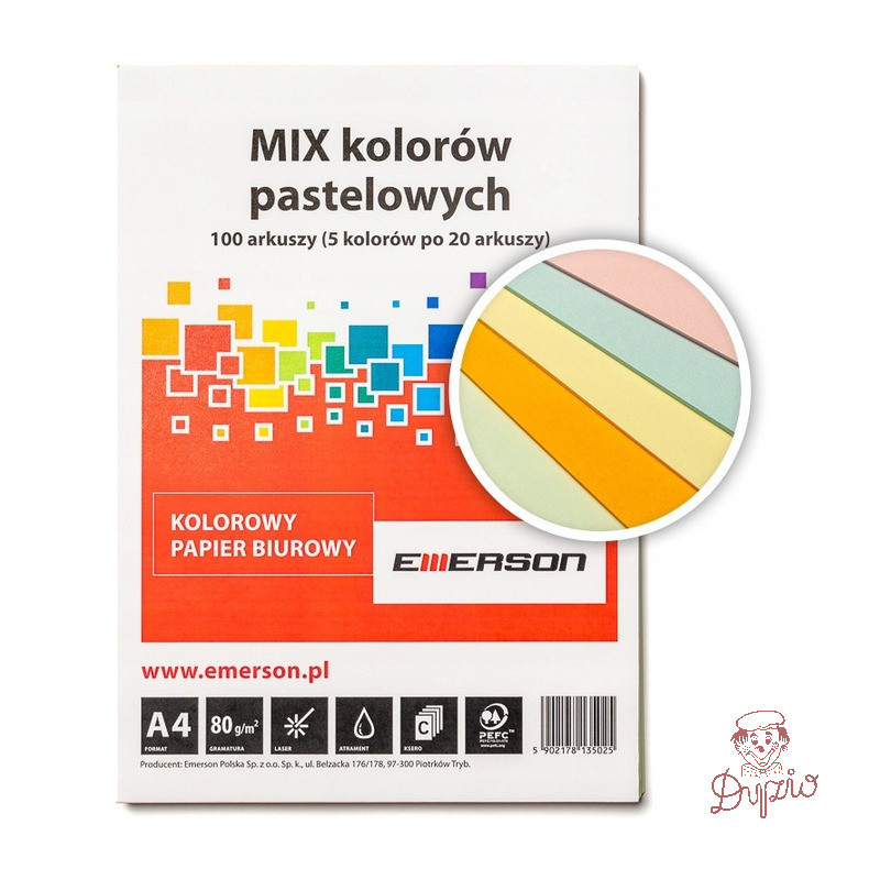 Papier ksero A4 80g mix pastel 100ark Kanarkowy, Różowy, Pomarańczowy, Jasny Niebieski, Jasny Zielony xem1000pwn EMERSON
