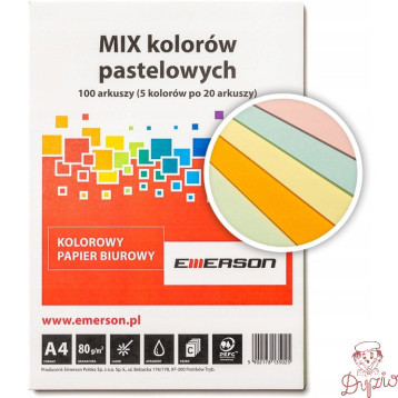 Papier ksero A4 80g mix pastel 100ark Kanarkowy, Różowy, Pomarańczowy, Jasny Niebieski, Jasny Zielony xem1000pwn EMERSON