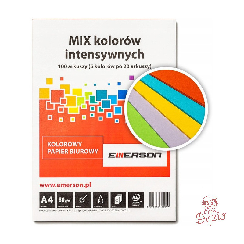 Papier ksero A4 80g mix intensywny 100ark Czerwony, Fuksja, Ciemny Niebieski, Ciemny Zielony, Żółty xem1001pwn EMERSON