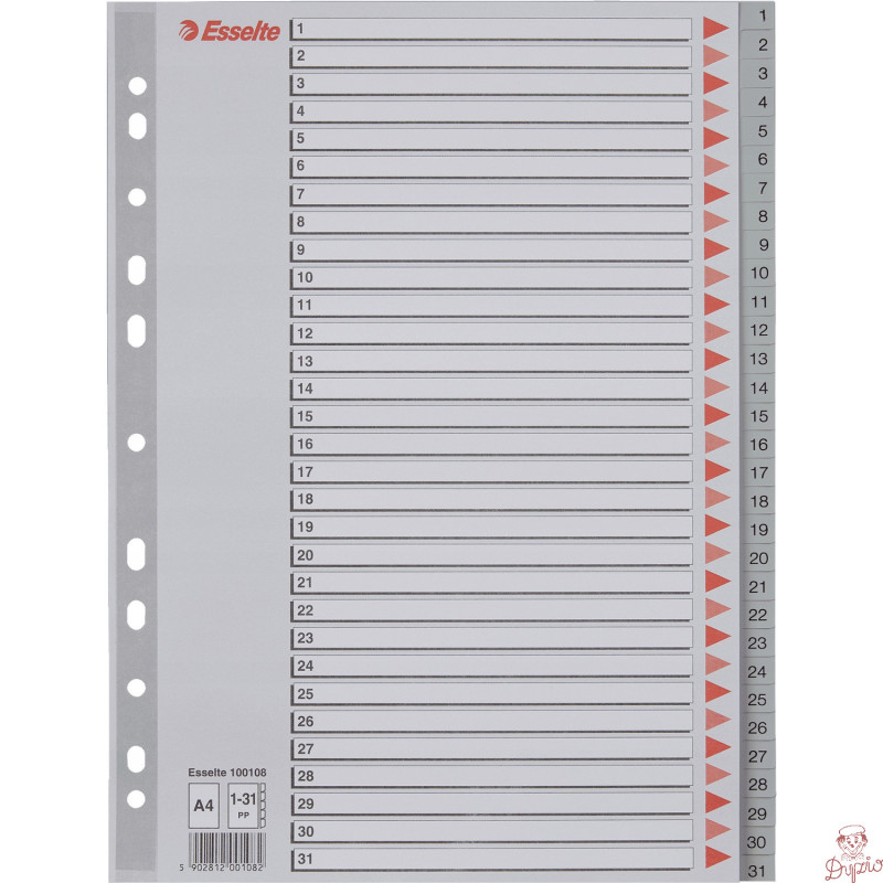 Przekładki plastikowe szare PP A4 1-31 numeryczne 100108 ESSELTE