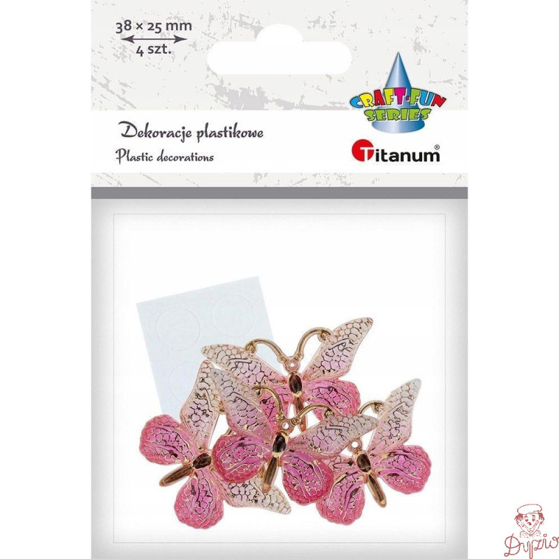 Dekoracje samoprzylepne plastikowe MOTYLKI różowe (4 sztuk) 31x23mm 612878 TITANUM
