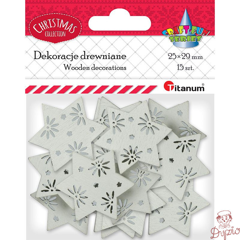 Drewniane gwiazdki ażurowe 25x29mm białe 15szt. 417644 TITANUM