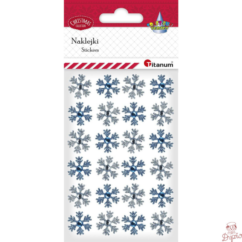 Naklejki płatki śniegu z kryształkiem 21mm białe, niebieskie 24szt. 414519 TITANUM