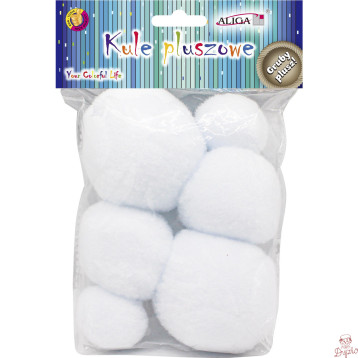 Pompony kule pluszowe białe mix rozmiarów (6 szt.) POM-3517 ALIGA