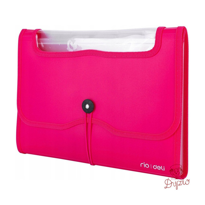 Teczka harmonijkowa z gumką 13-przegródek okno PVC RIO różowa 38128 PINK DELI