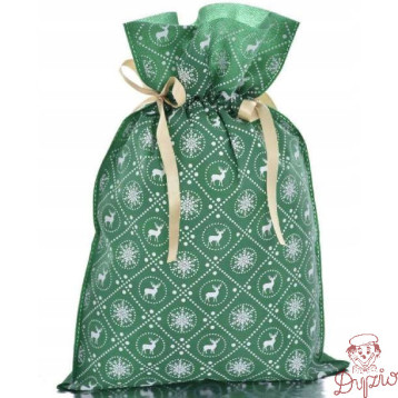 Worek upominkowy materiałowy zielony RENIFERY + PŁATKI ŚNIEGU 20x30cm PaKaDo