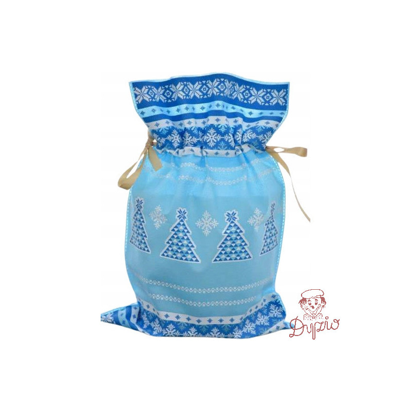 Worek upominkowy materiałowy jasno niebieski CHOINKA + PŁATKI ŚNIEGU 30x45cm PaKaDo
