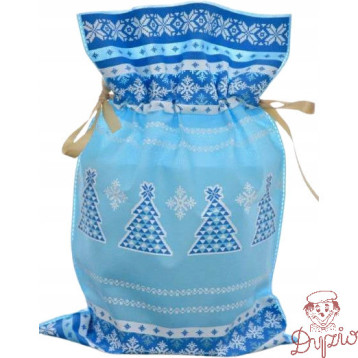 Worek upominkowy materiałowy jasno niebieski CHOINKA + PŁATKI ŚNIEGU 30x45cm PaKaDo