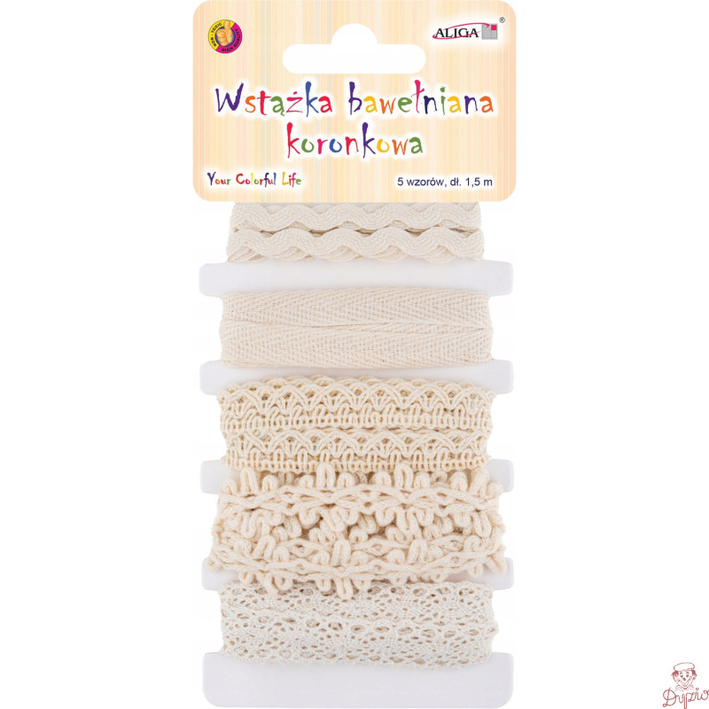 Wstążka bawełniana koronkowa 5 wzorów 1,5m WK-0925 ALIGA
