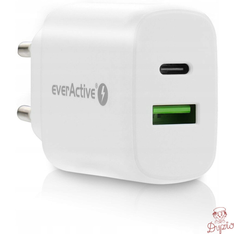 Ładowarka sieciowa 230V EVERACTIVE SC-370Q 1xUSB-C + 1xUSB 3A 25W biała