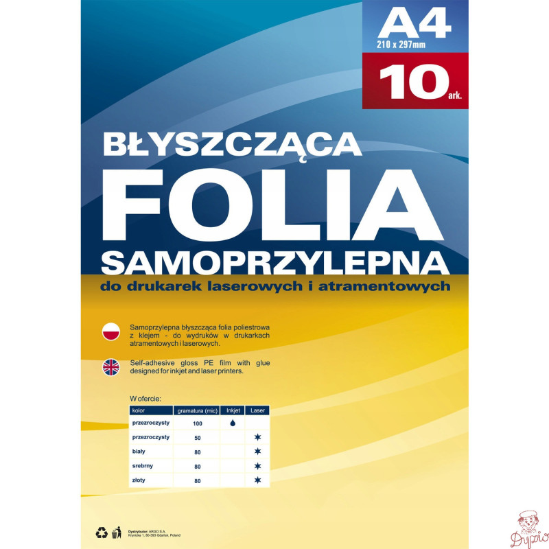 Folia samoprzylepna A4 biała do drukarek laserowych (10ark) 434011 ARGO