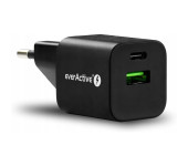 Ładowarka sieciowa 230V EVERACTIVE SC-390QB 1xUSB-C + 1xUSB 3A czarna