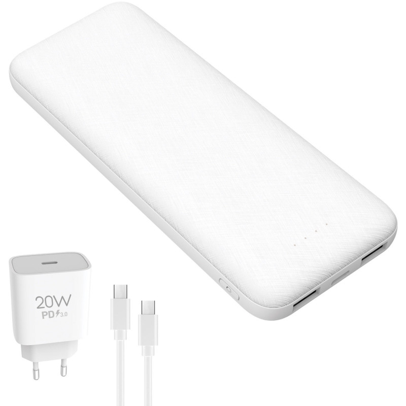 Powerbank 10000mAh + ładowarka sieciowa 230V USB-C 20W + kabel USB-C - USB-C 1m PLATINET biały (45998)