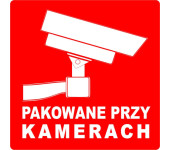 Etykieta ostrzegawcza PAKOWANE PRZY KAMERACH 55x55mm papierowa na roli (1000szt) BULK