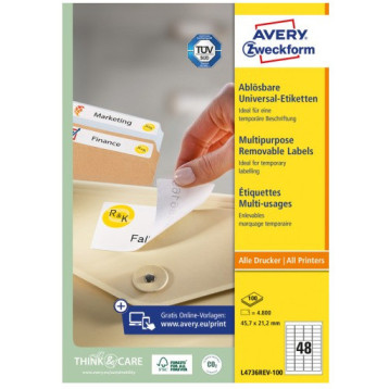 Etykiety białe 45,7x21,2mm (100 arkuszy|| 4800 etykiet) L4736REV-100 AVERY ZWECKFORM