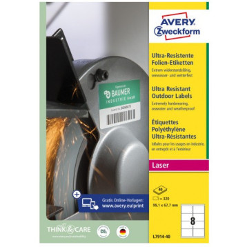 Etykiety foliowe Ultra Resistant 99,1x67,7mm (40arkuszy||320etykiet) L7914-40 AVERY ZWECKFORM
