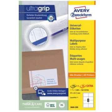 Etykiety białe ULTRAGRIP 97x67,7mm (200 arkuszy || 1600 etykiet) 3660-200 AVERY ZWECKFORM