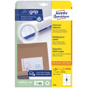 Etykiety białe ULTRA GRIP 105x74mm (25arkuszy || 200 atykiet) 6138 AVERY ZWECKFORM