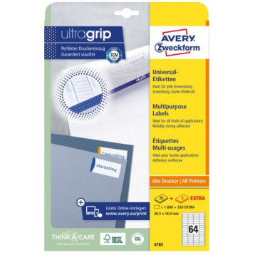 Etykiety białe ULTRA GRIP 48,5x16,9mm (25arkuszy || 1600 atykiet) 4785 AVERY ZWECKFORM