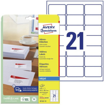 Etykiety adresowe białe 63,5x38,1mm (10 arkuszy || 210 etykiet) J8160-10 AVERY ZWECKFORM Etykiety adresowe białe 63,5x38,1mm (10 arkuszy || 210 etykiet) J8160-10 AVERY ZWECKFORM