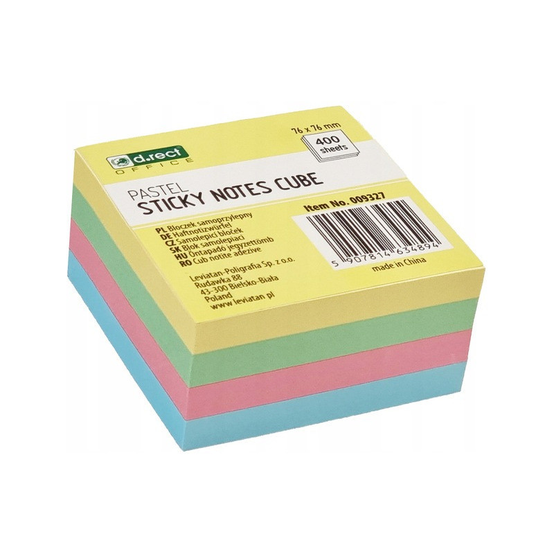 Bloczek samoprzylepny 75x75mm 400k pastelowy 009327 D.RECT